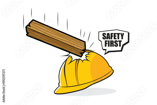 Vector illustration of a yellow safety helmet protecting against falling wooden beam with “Safety First” speech bubble, representing workplace safety and head protection concept.