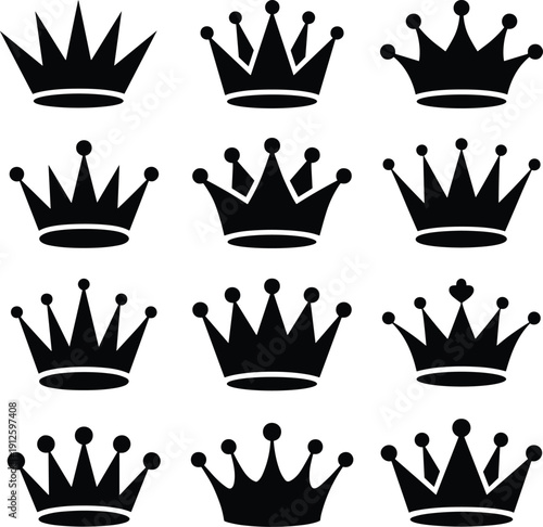Set of black royal crown silhouettes collection isolated on white background, vintage king and queen coronation symbols, heraldic monarchy emblem vector illustration bundle