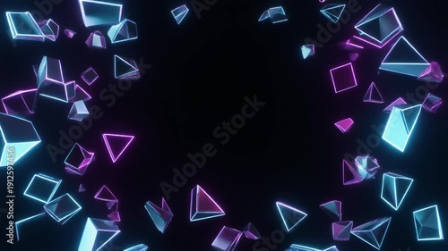 Abstract neon glowing cubes and triangles moving on dark background