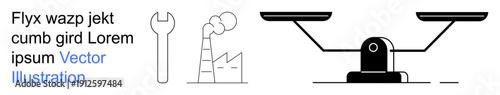 Industry, environment, tools, justice, balance, emissions. Image features a factory with smoke, a wrench and a scale equality or judgment. Environment and industry conceptual
