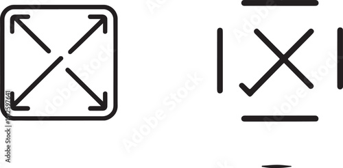 Two black line art icons. The left depicts an "X" with outward arrows inside a rounded square, suggesting expansion. The right shows an "X" surrounded by four short, disconnected lines, resembling a c