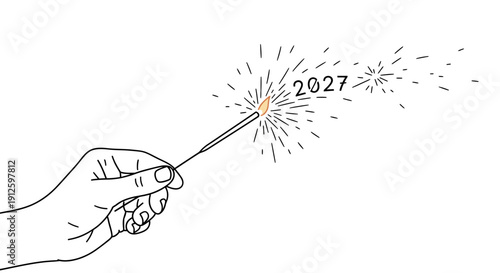 Hand holding sparkler with 2027 fireworks, celebrating new year, festive, bright, celebration