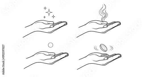 Hand magic trick with coin, smoke, and sparkles, illusion, close up