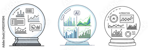 Three distinct crystal balls displaying various data visualizations, charts, and artificial intelligence concepts, symbolizing future predictions and analytical insights.