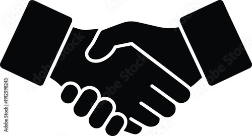 A simple black silhouette depicts two hands firmly grasping each other in a handshake high-quality professional