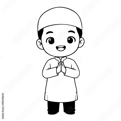 Charming hand-drawn illustration of a cheerful cartoon child with hands folded in prayer, radiating joy and innocence 