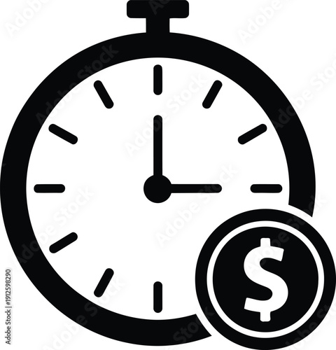A minimalist black icon depicts a stopwatch combined with a dollar sign representing time and money