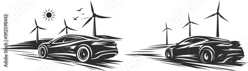Electric Sports Car with Wind Turbines Renewable Energy Illustration.