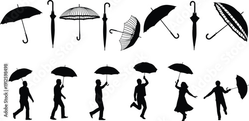 Umbrella silhouette collection with people walking, rainy weather vector set, stylish parasol icons, human figures under umbrella illustration pack
