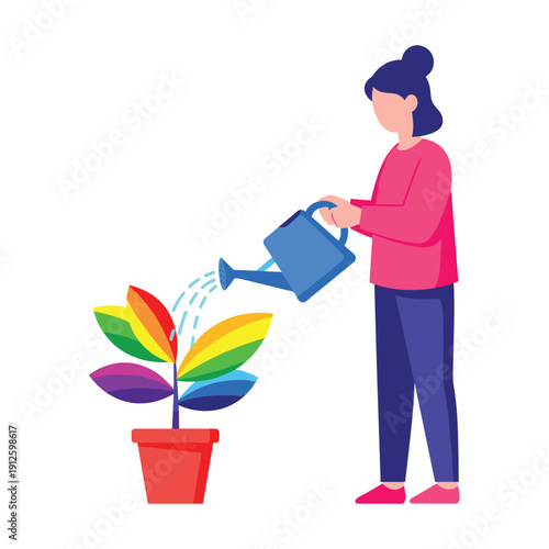 Woman nurturing colorful plant with vibrant rainbow leaves