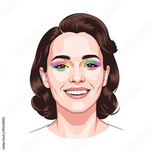 Woman with vibrant rainbow makeup and confident smile