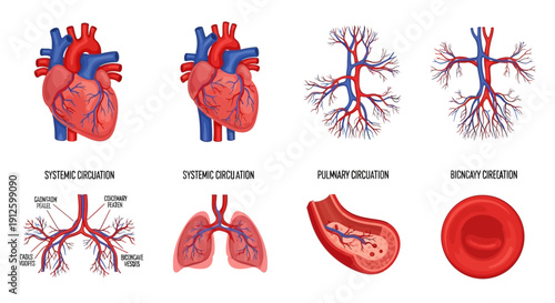 Detailed Human Circulatory System Medical Infographic Featuring Heart Anatomy, Systemic and Pulmonary Circulation Pathways, Lungs, Blood Vessels, and Cells.