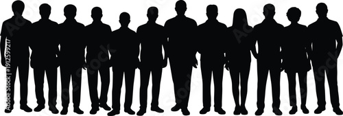 Large group of people silhouette standing in a row, mixed men and women human figures crowd lineup isolated on white background for design and illustration use