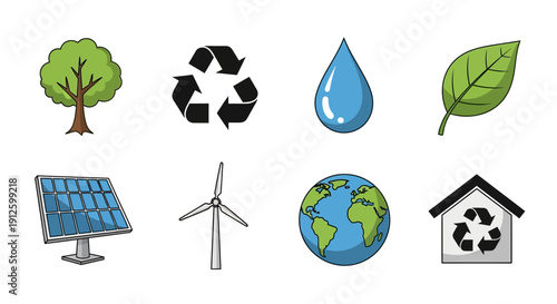 Set of eight environmental and sustainable energy icons including a tree, recycle symbol, water drop, leaf, solar panel, wind turbine, Earth globe, and home.