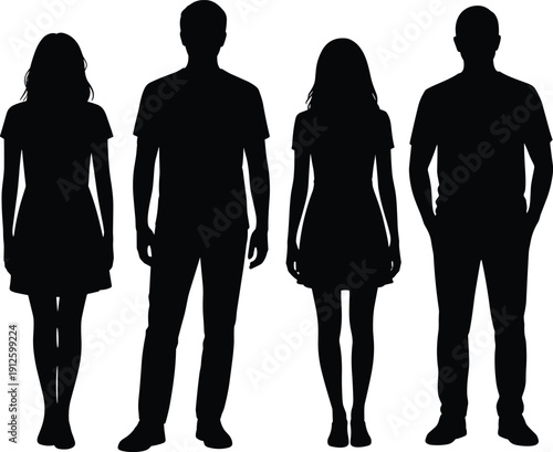 Male and female human silhouette figures standing together, simple people shadow collection in casual poses isolated on white background for design and illustration use