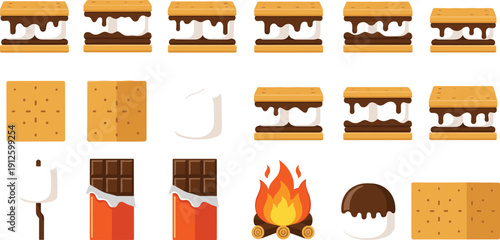 S’mores Dessert Illustration Set with Marshmallow, Chocolate, Graham Crackers, and Campfire Treat Ingredients for Outdoor Cooking Design