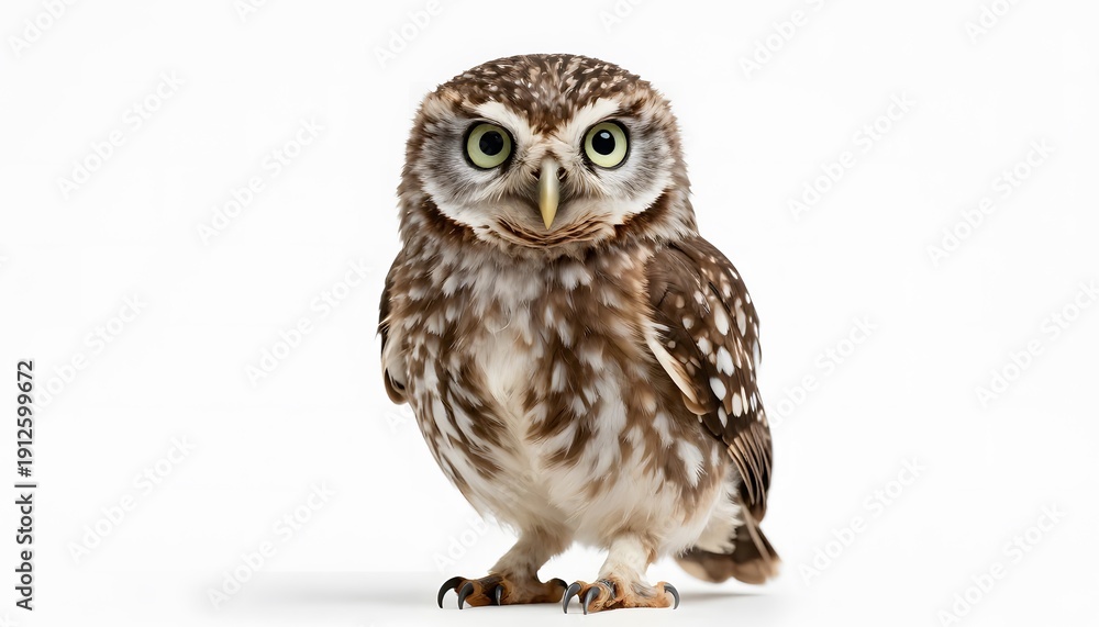 Fototapeta premium Cute little owl isolated on white background. Clean and minimal wildlife image, perfect for education, design, and animal-themed projects.