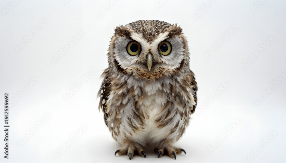 Obraz premium Cute little owl isolated on white background. Clean and minimal wildlife image, perfect for education, design, and animal-themed projects.