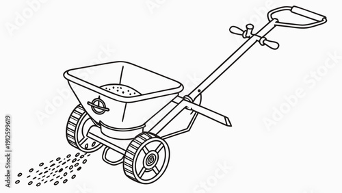 A black and white line art illustration of a garden spreader with wheels and a handle.