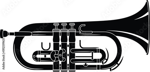 Black Trumpet Silhouette Featuring Detailed Musical Instrument Design With Mouthpiece Valves And Bell For Professional Jazz Orchestra Music Performance Concept (21 words)