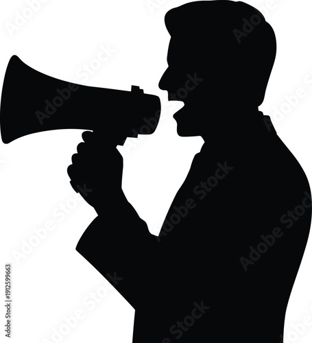 Man speaking through megaphone silhouette profile, black human figure using loudspeaker for announcement, protest, leadership, marketing and communication concept isolated on white background