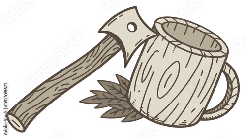 A vector graphic illustration of a wooden mug and an axe with a leafy branch, designed in a flat, minimal style.