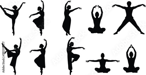 Gymnastics Silhouette Collection Featuring Athletes Performing Balance Beam Routines Handstands Splits And Artistic Female Gymnast Poses Isolated On White Background (21 words)