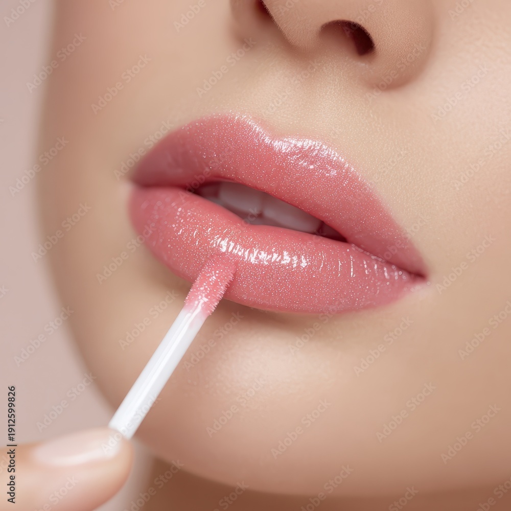 Naklejka premium Glossy Lips Beauty Applying Lip Gloss for Makeup Editorial Use Close-Up