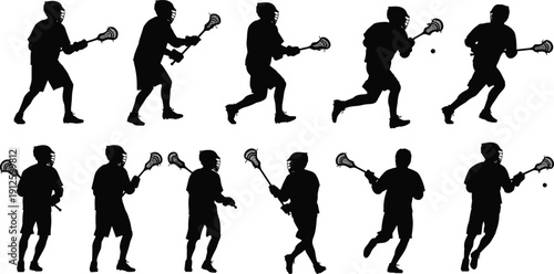 Lacrosse Player Silhouette Collection Featuring Athletes In Helmets Carrying Sticks Running And Shooting In Dynamic Sports Action Poses Isolated On White (21 words)