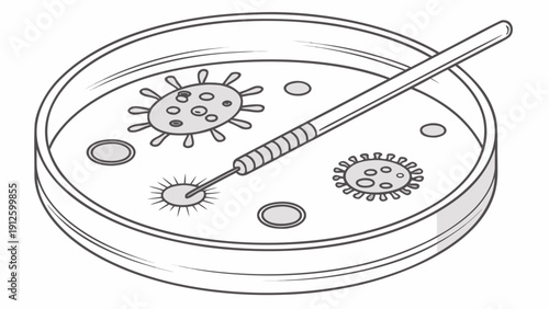 A vector graphic illustration of a petri dish with a pipette and various virus particles in a laboratory setting.