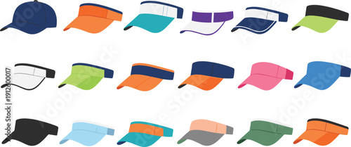 Sports Visor Cap Illustration Set with Colorful Sun Visors and Lightweight Headwear Designs for Outdoor Activities and Athletics