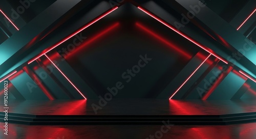 Futuristic Stage With Red And Blue Neon Lights And Reflective Floor 3D Render