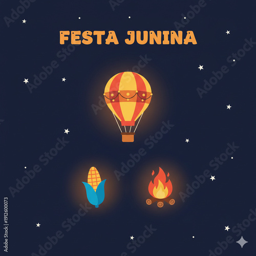 Festa Junina Flat Icon Set with Hot Air Balloon, Corn, and Bonfire