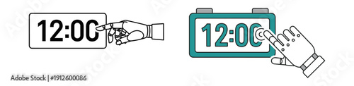 A hand interacts with a digital clock displaying 12:00, illustrating time setting or alarm activation in a clean, modern vector design.