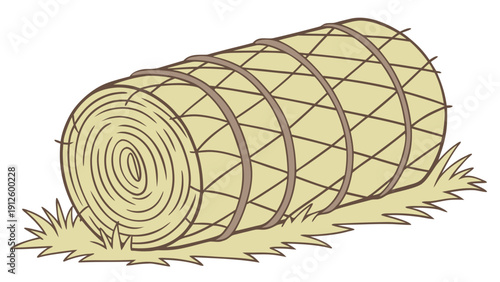 A vector graphic illustration of a hay bale wrapped in twine on a grassy field