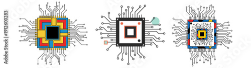 A collection of three distinct, colorful microchip illustrations, each featuring a central square processor with intricate circuit board connections radiating outwards, symbolizing modern technology