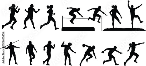 Track And Field Athlete Silhouette Collection Featuring Runners High Jumpers Javelin Throwers And Shot Put Athletes In Dynamic Sports Action Poses (21 words)