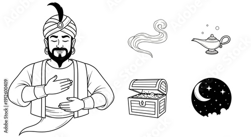 Genie Emerging from Lamp, Treasure Chest, Night Sky, Smoke - Black and White Illustration
