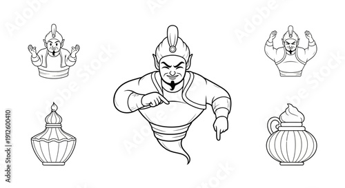 Genie Emerging from Lamp, Magical Spirit, Fantasy Character, Arabian Nights Icon