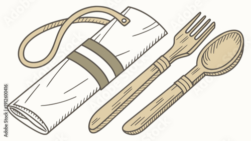 A vector graphic illustration of a rolled up napkin with a utensil set