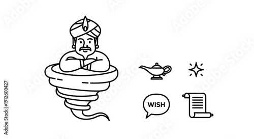 Genie Emerging from Lamp, Wish Icon, Scroll, and Sparkles - Line Art