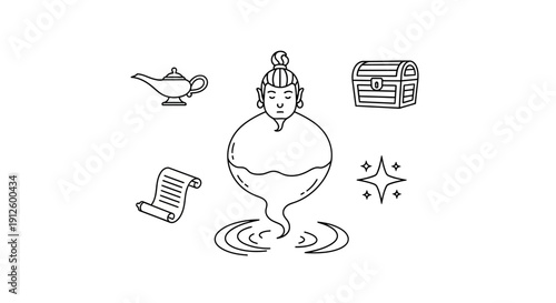 Genie Emerging from Lamp, Treasure Chest, Scroll, and Magic Sparkles - Fantasy Concept