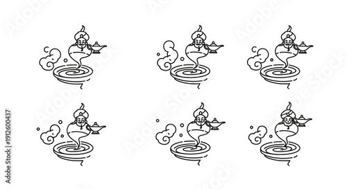 Genie Emerging from Magic Lamp Set: Outline Icons