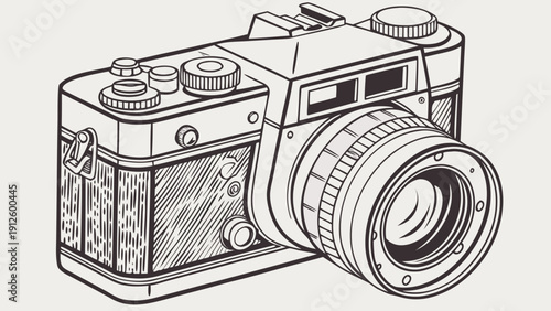 A minimalist line art illustration of a vintage camera with a large lens