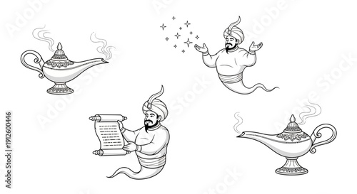Genie Emerging from Magic Lamp, Arabian Nights Fantasy