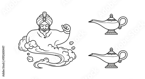 Genie Emerging from Magic Lamp, Arabian Nights Fantasy Illustration