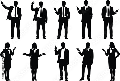 Collection of Professional Business People Silhouettes Pointing and Presenting, Diverse Corporate Male and Female Figures Isolated on White Background Vector