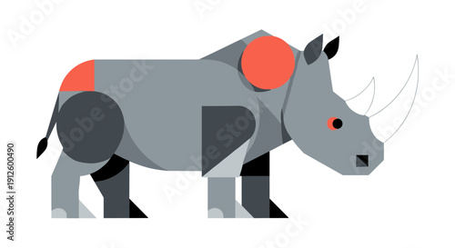 Stylized geometric rhinoceros illustration with a modern abstract design, showcasing a powerful and endangered wild animal.