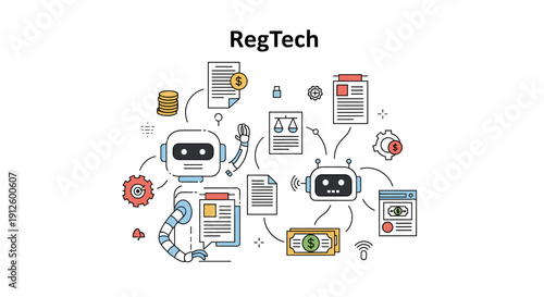 RegTech concept featuring robotic automation, data processing, financial compliance, and legal frameworks for regulatory technology solutions.