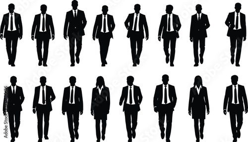 Collection of Professional Business People Silhouettes in Suits, Standing and Walking Poses, Male and Female Corporate Figures Isolated on White